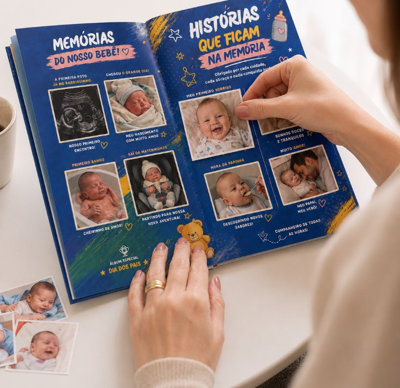 Mãe colando figurinha no álbum