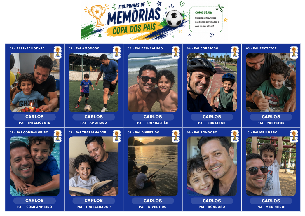 Folha de figurinhas de memórias da Copa dos Pais com 10 categorias